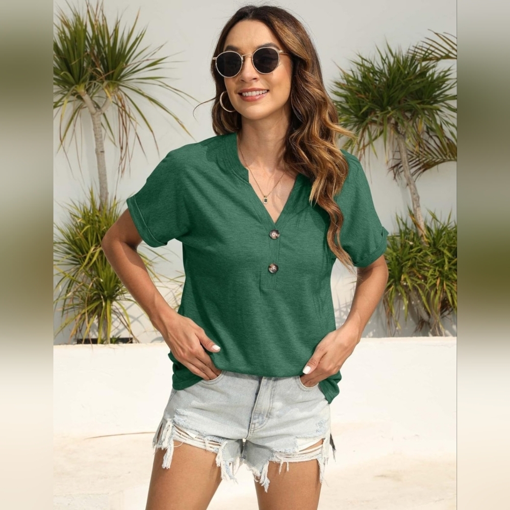 EADINVE Womens Tshirts V Neck Short Sleeve Buttons Tops Tee Solid Color Blouse